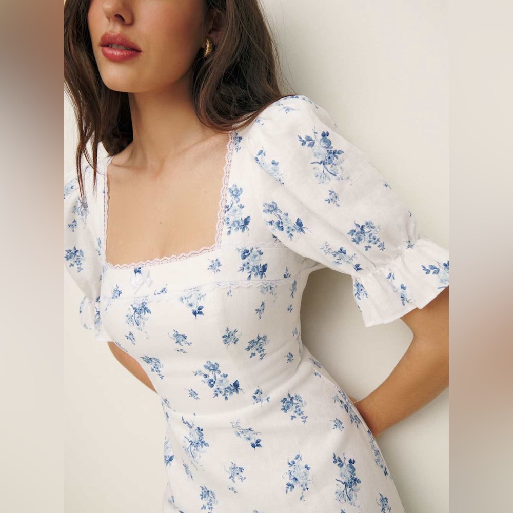Reformation Evianna Linen Dress White and Blue Floral Mini Dress - Picture 2 of 9